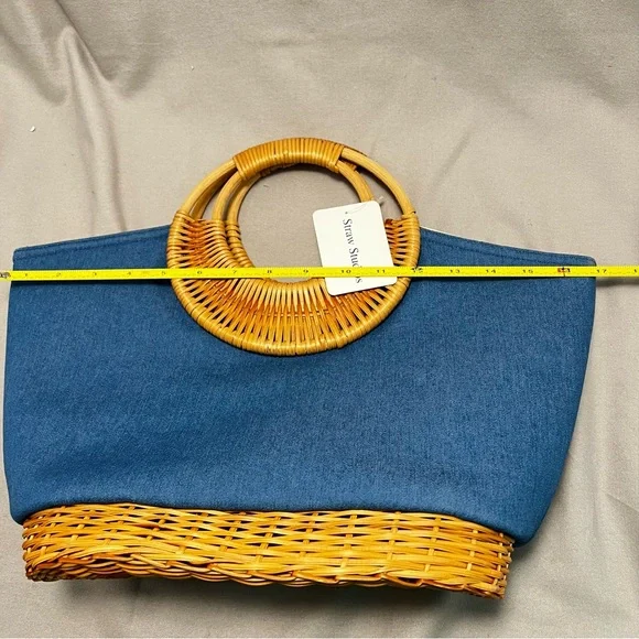Straw Studios Blue Denim Handmade Rattan Trimmed Zipper Close Tote Handbag - Picture 10 of 14